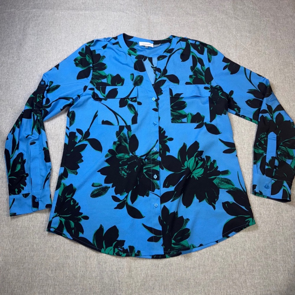 Calvin Klein Blue Floral Button Down Blouse Long Sleeve Roll Tab Top Large